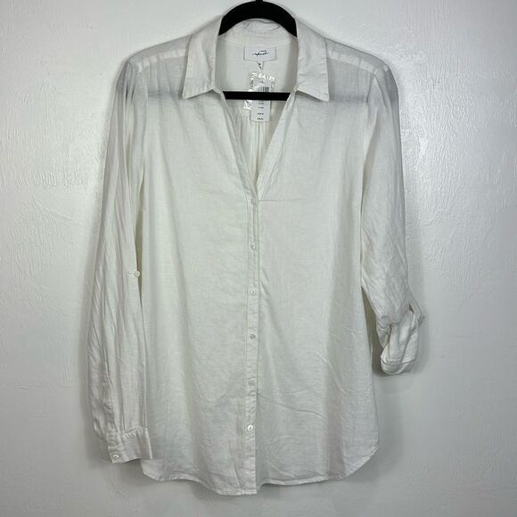 Soma WKND Relaxed Fit Linen Button Down Shirt In Optic White Size M - Picture 2 of 10